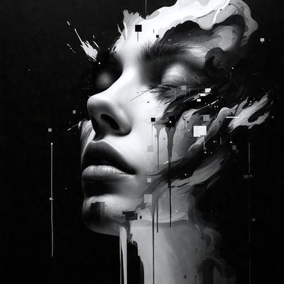 The primary subject of the image is a woman's face, which is the main focus of the image. The setting is a black background, which creates a dramatic and artistic effect. The visual style is a combination of digital art and illustration, as the woman's face is depicted in a stylized manner. The colors and mood of the image are predominantly dark and moody, with the woman's face being the only prominent feature in the scene.